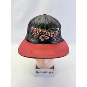 Vintage Black Leather KC Chiefs Baseball Cap / Hat Snap Back NFL Kansas City